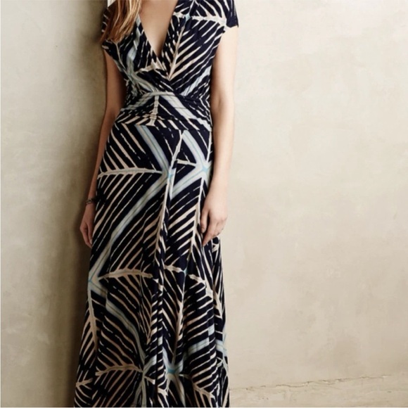 Maeve Anthropologie Desert Star Maxi Cap Sleeve Wrap Navy Geometric Dress Small - Picture 5 of 10